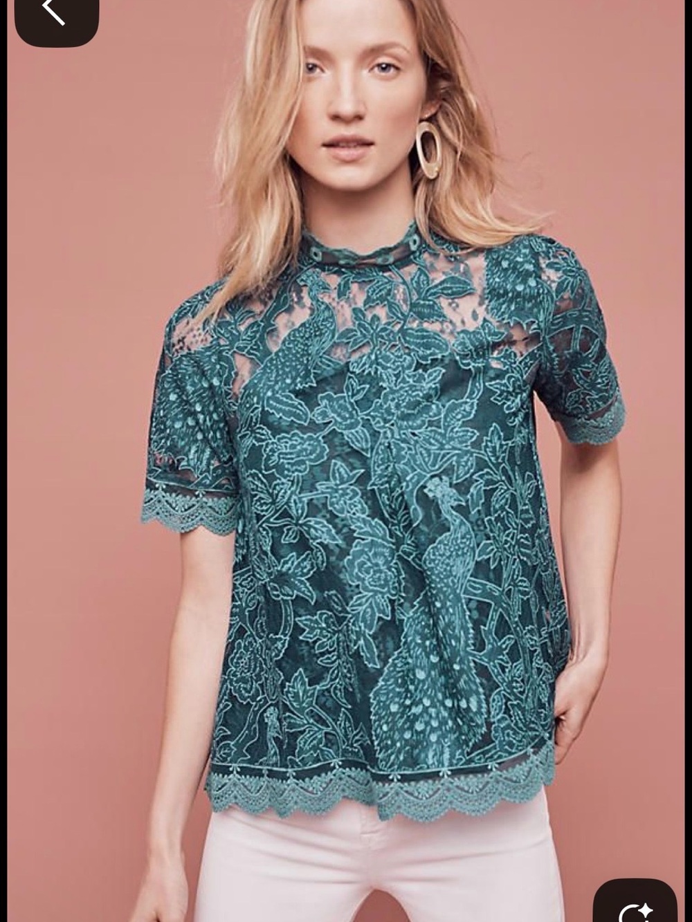 Anthropologie HD in Paris. Teal Lace Embroidered Short-Sleeve Top